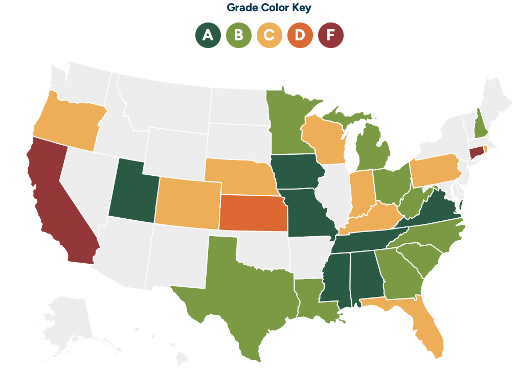 United States map showing financial literacy grade color key